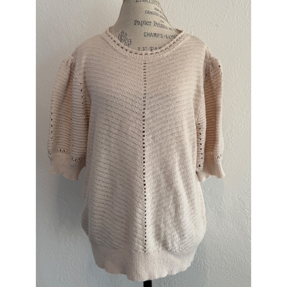 Knox Rose Cream Pointelle Knit Puff Short Sleeve Sweater XL Boho Crochet Trim